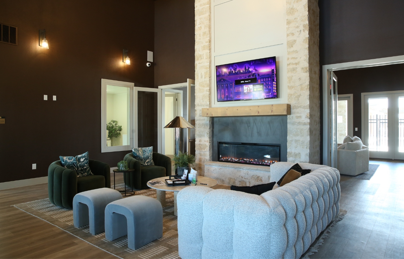 Modern clubhouse at The Leighton Apartments built by Citadel Construction in Lubbock, Texas.