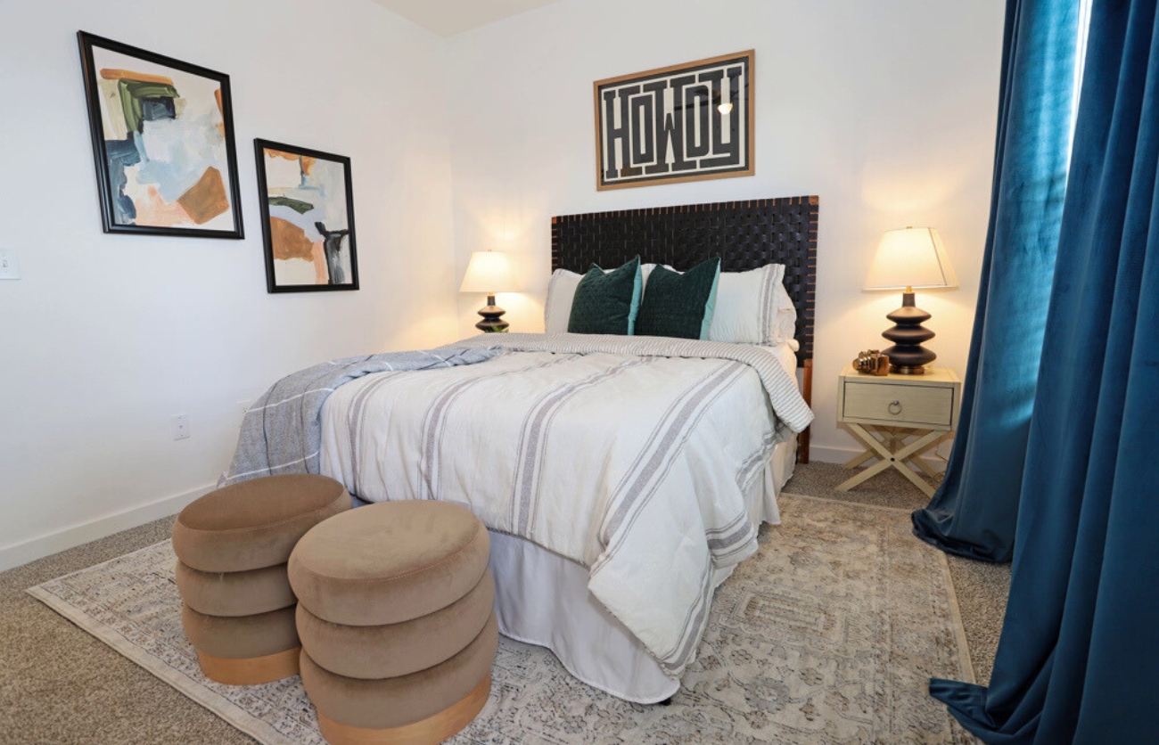 Master bedroom suite at The Leighton Apartments with modern design elements.