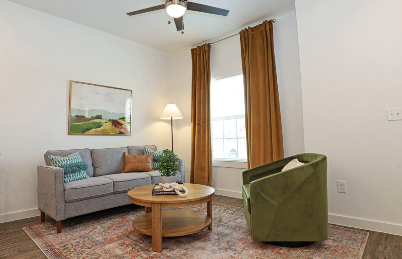 Modern open-concept apartment interior at The Leighton Apartments, Lubbock.