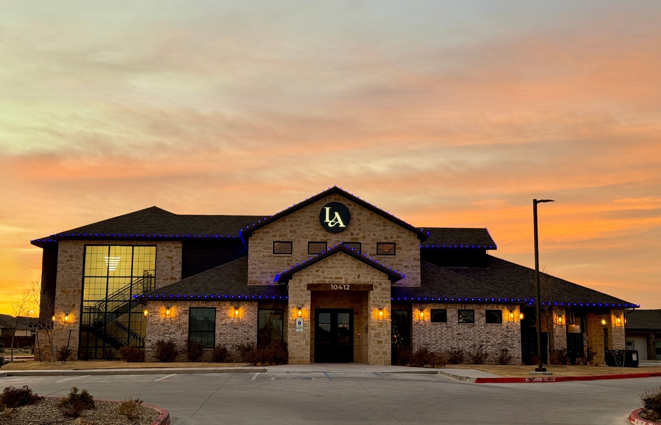 Night exterior view of Citadel Construction’s apartment development project in Lubbock.