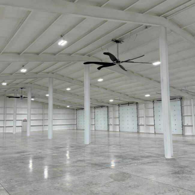 Spacious warehouse interior with high ceilings and durable construction.