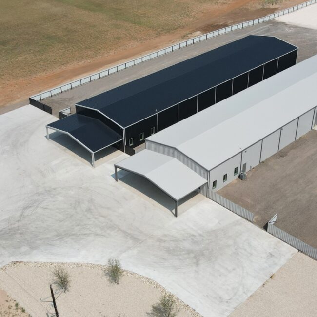 Modern industrial park featuring custom metal warehouse buildings by Citadel Construction.